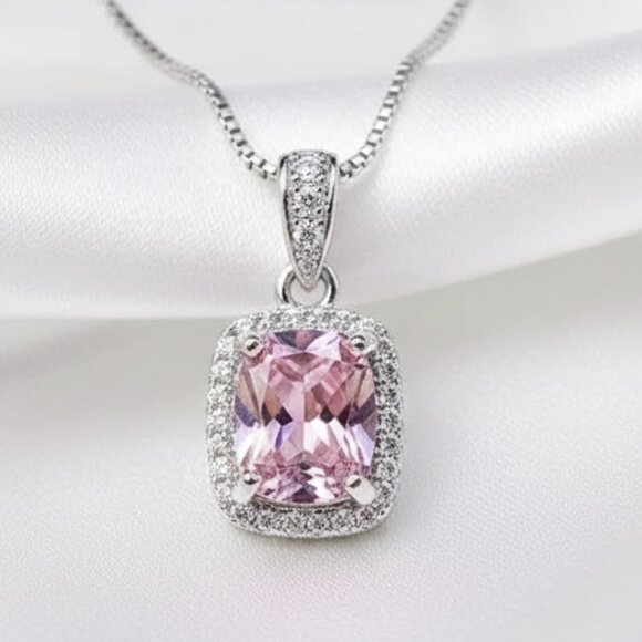 Source Unknown Jewelry - 2.5 Carat Simulated Pink Diamond CZ Halo Silver Pendant Necklace NWOT